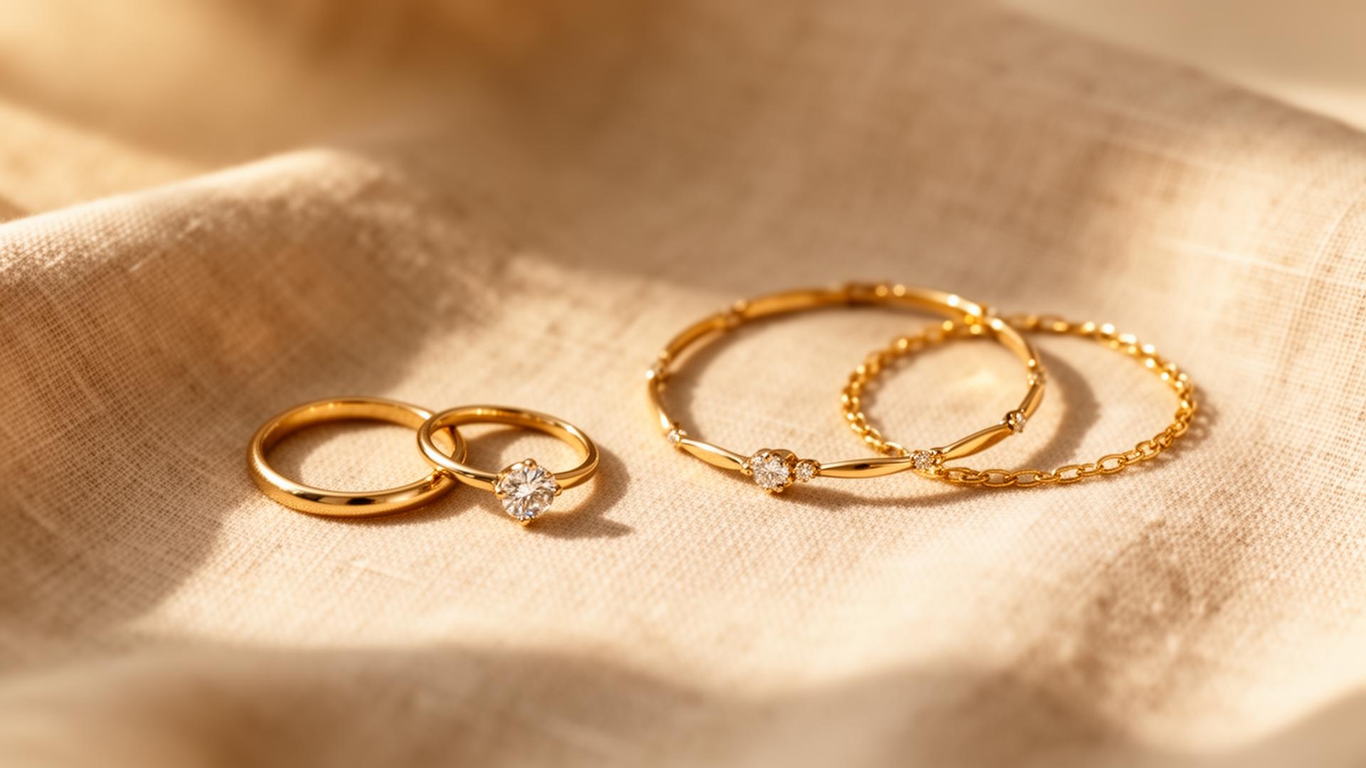 Stacked gold rings and bracelets on warm beige linen